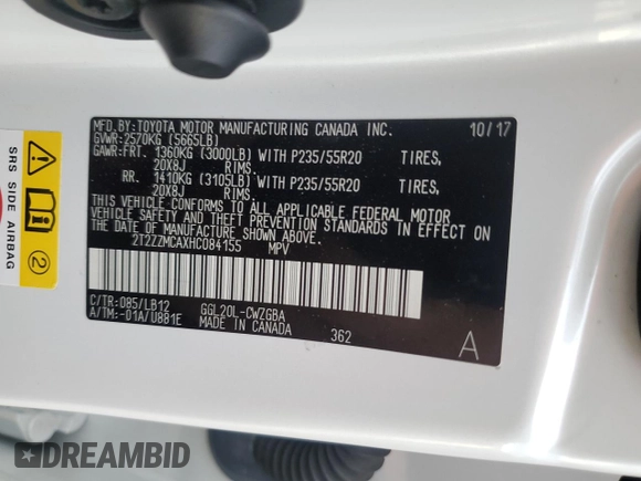 2017 Lexus RX 350 with VIN 2T2ZZMCAXHC084155, listed as a Copart auction lot 54574965 with 68,289 mi miles and Clean title. Bid and sale history available at DreamBid. Image 12.