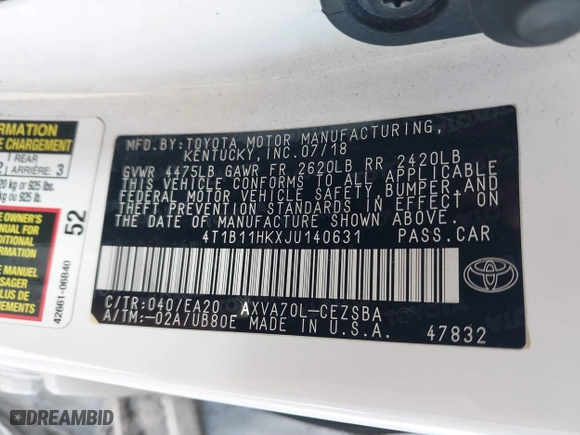 2018 Toyota Camry LE with VIN 4T1B11HKXJU140631, listed as a IAAI auction lot 41761493 with 68,298 mi miles. Bid and sale history available at carsss.com. Image 9.