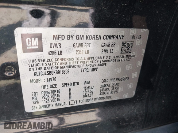 2019 Chevrolet Trax LT with VIN KL7CJLSB0KB918698, listed as a IAAI auction lot 42054006 with Not Provided miles and . Bid and sale history available at carsss.com. Image 9.