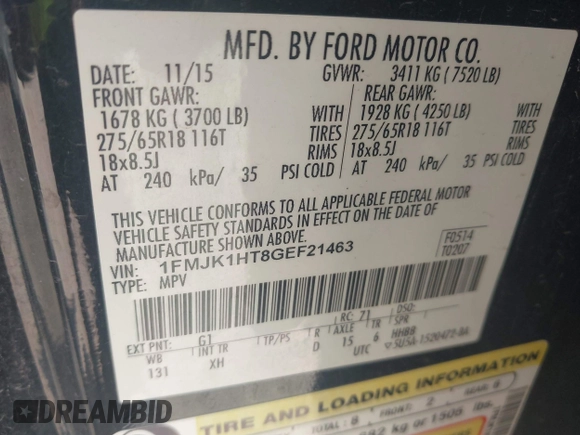 2016 Ford Expedition Max XLT с VIN 1FMJK1HT8GEF21463, выставлен на аукционе IAAI как лот 42017037 с пробегом 197 357 миль миль и . История ставок и продаж доступна на DreamBid. Изображение 9.