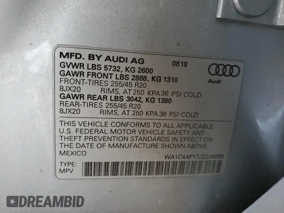 2018 Audi SQ5 Prestige with VIN WA1C4AFY7J2234009, listed as a Copart auction lot 83607894 with 90,452 mi miles and Salvage Title. Bid and sale history available at DreamBid. Image 13.