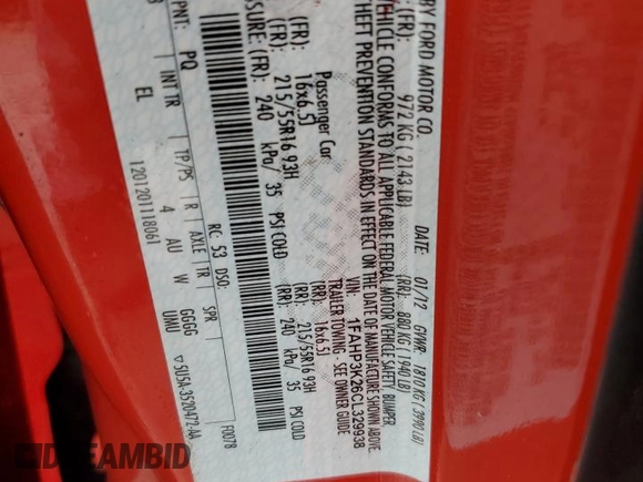 2012 Ford Focus SE with VIN 1FAHP3K26CL329938, listed as a Copart auction lot 54216494 with 170,010 mi miles and Salvage Title. Bid and sale history available at carsss.com. Image 12.