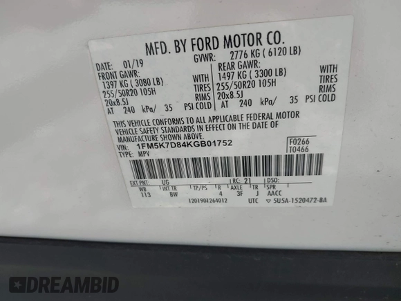 2019 Ford Explorer XLT with VIN 1FM5K7D84KGB01752, listed as a IAAI auction lot 42423239 with 97,861 mi miles and . Bid and sale history available at DreamBid. Image 9.