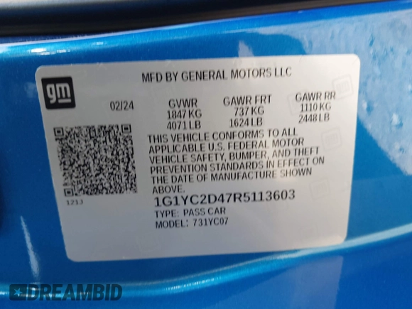 2024 Chevrolet Corvette 3LT with VIN 1G1YC2D47R5113603, listed as a IAAI auction lot 42639608 with Not provided miles and . Bid and sale history available at DreamBid. Image 9.