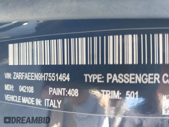2017 Alfa Romeo Giulia Ti with VIN ZARFAEEN9H7551464, listed as a IAAI auction lot 41726121 with 68,654 mi miles. Bid and sale history available at carsss.com. Image 9.