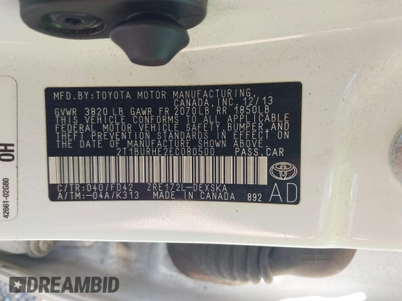 2014 Toyota Corolla L with VIN 2T1BURHE2EC080500, listed as a IAAI auction lot 42217673 with 213,278 mi miles and . Bid and sale history available at DreamBid. Image 9.