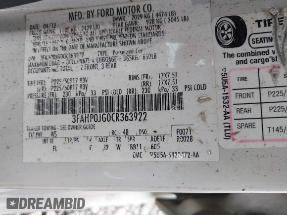 2012 Ford Fusion SEL with VIN 3FAHP0JG0CR363922, listed as a IAAI auction lot 42727491 with 185,806 mi miles and . Bid and sale history available at DreamBid. Image 9.