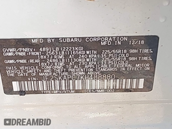 2019 Subaru Forester Special Sports с VIN JF2SKAPC7KH488880, выставлен на аукционе IAAI как лот 42509648 с пробегом 63 876 миль миль и . История ставок и продаж доступна на DreamBid. Изображение 9.
