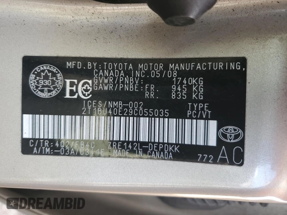 2009 Toyota Corolla with VIN 2T1BU40E29C055035, listed as a Copart auction lot 51625625 with 95,736 mi miles and Salvage Title. Bid and sale history available at carsss.com. Image 12.