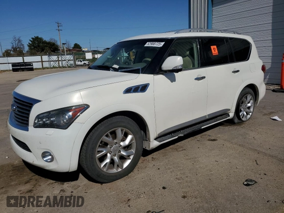 2012 Infiniti QX56 7-passenger with VIN JN8AZ2NE1C9017744, listed as a Copart auction lot 52988725 with 142,820 mi miles and Salvage title. Bid and sale history available at DreamBid. Image 1.