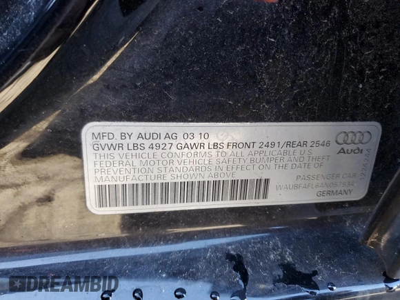 2010 Audi A4 2.0T Premium with VIN WAUBFAFL6AN057934, listed as a Copart auction lot 84680344 with 0 mi miles and Salvage Title. Bid and sale history available at carsss.com. Image 12.