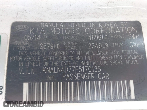 2015 Kia Cadenza Premium with VIN KNALN4D77F5170135, listed as a IAAI auction lot 41310337 with 237,376 mi miles. Bid and sale history available at carsss.com. Image 9.