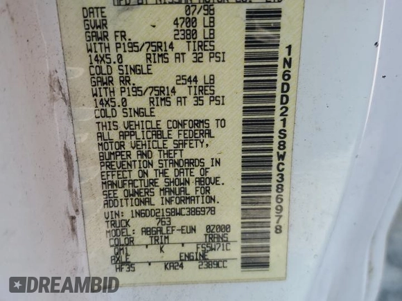 1998 Nissan Frontier XE with VIN 1N6DD21S8WC386978, listed as a Copart auction lot 58776015 with Not provided miles and Clean title. Bid and sale history available at DreamBid. Image 13.