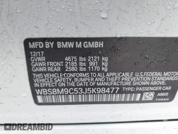 2018 BMW M3 with VIN WBS8M9C53J5K98477, listed as a IAAI auction lot 41733214 with 29,226 mi miles and . Bid and sale history available at DreamBid. Image 9.