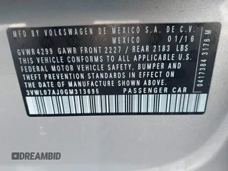 2016 Volkswagen Jetta Sedan 1.8T SEL with VIN 3VWL07AJ0GM313695, listed as a IAAI auction lot 41523515 with 94,212 mi miles. Bid and sale history available at carsss.com. Image 9.