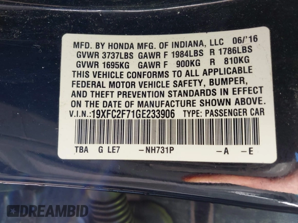 2016 Honda Civic EX with VIN 19XFC2F71GE233906, listed as a IAAI auction lot 41750986 with 184,270 mi miles and . Bid and sale history available at DreamBid. Image 9.