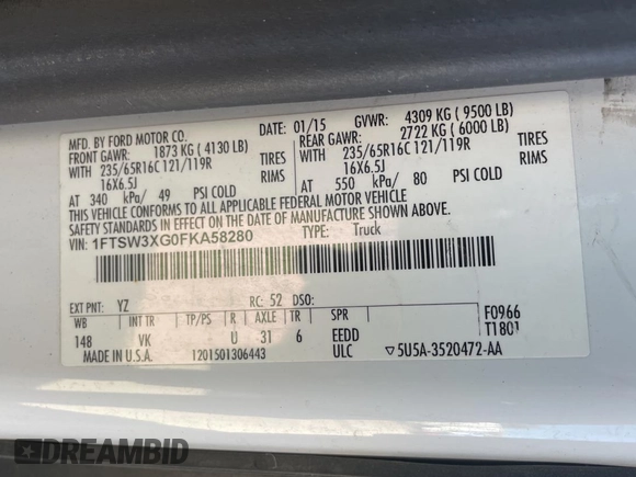2015 Ford Transit with VIN 1FTSW3XG0FKA58280, listed as a Copart auction lot 81307954 with 289,575 mi miles and Clean Title. Bid and sale history available at DreamBid. Image 10.