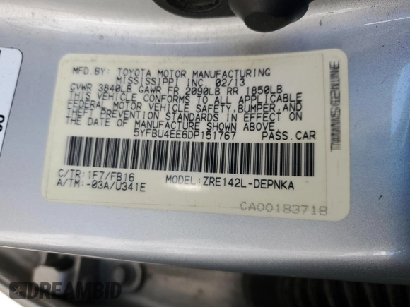 2013 Toyota Corolla L with VIN 5YFBU4EE6DP151767, listed as a Copart auction lot 53931975 with 108,097 mi miles and Salvage Title. Bid and sale history available at carsss.com. Image 12.