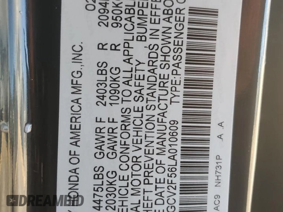2020 Honda Accord EX-L z VIN 1HGCV2F56LA010609, wystawiony jako Copart lot #77763754 z przebiegiem Nie podano mil oraz Nie do naprawy • Non repairable. Historia ofert i sprzedaży dostępna na DreamBid. Obrazek 12.