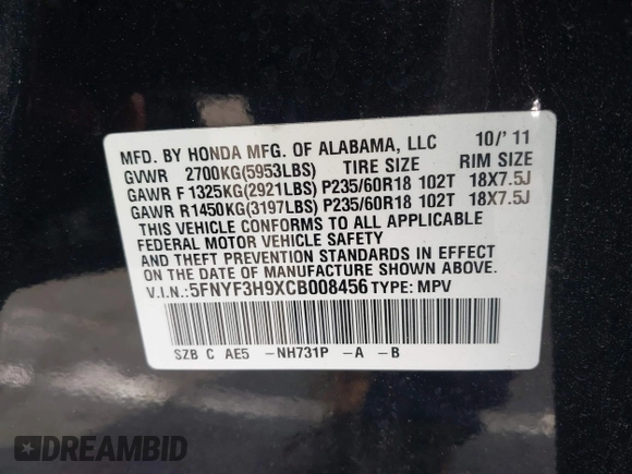 2012 Honda Pilot Touring with VIN 5FNYF3H9XCB008456, listed as a IAAI auction lot 41923004 with Not Provided miles and . Bid and sale history available at DreamBid. Image 9.