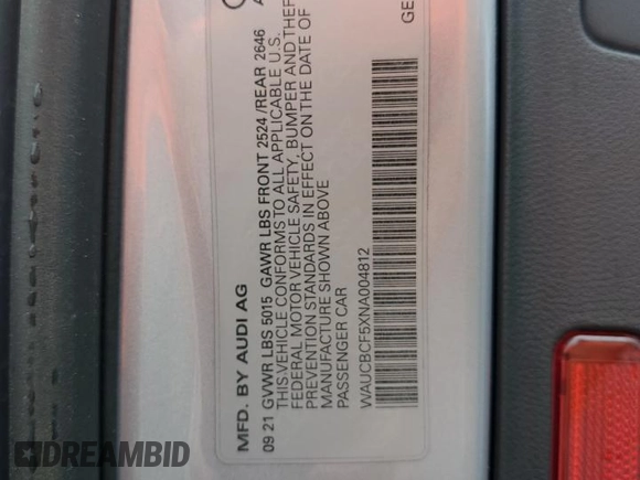 2022 Audi A5 Sportback Premium Plus with VIN WAUCBCF5XNA004812, listed as a Copart auction lot 59077583 with 18,856 mi miles. Bid and sale history available at carsss.com. Image 14.