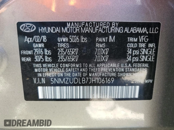 2018 Hyundai Santa Fe 2.4L with VIN 5NMZUDLB7JH106169, listed as a Copart auction lot 64465735 with 21,564 mi miles and Salvage title. Bid and sale history available at DreamBid. Image 13.