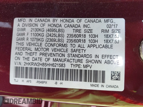 2017 Honda CR-V EX-L with VIN 2HKRW2H85HH621583, listed as a IAAI auction lot 41917850 with 62,070 mi miles. Bid and sale history available at carsss.com. Image 9.