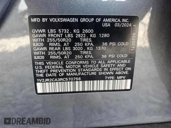 2024 Volkswagen Atlas SE with VIN 1V2JR2CA3RC570756, listed as a Copart auction lot 53936465 with 7,956 mi miles and Salvage title. Bid and sale history available at DreamBid. Image 13.