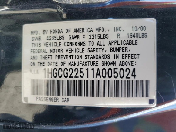2001 Honda Accord Cpe EX w/Leather with VIN 1HGCG22511A005024, listed as a Copart auction lot 50484235 with 254,832 mi miles and Salvage Title. Bid and sale history available at carsss.com. Image 13.