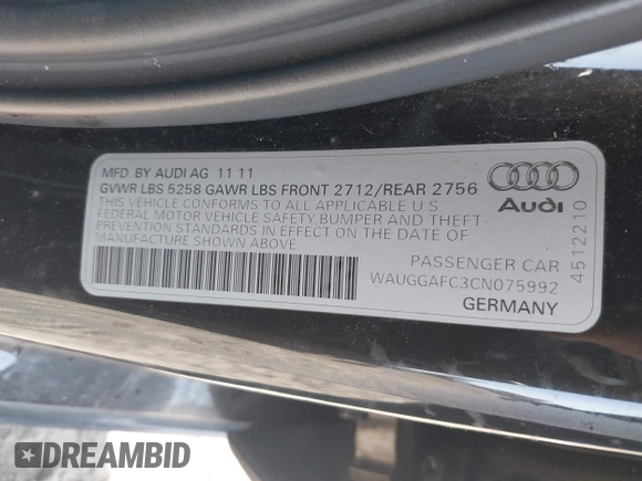 2012 Audi A6 3.0T Premium Plus with VIN WAUGGAFC3CN075992, listed as a IAAI auction lot 42036155 with 183,986 mi miles. Bid and sale history available at carsss.com. Image 9.