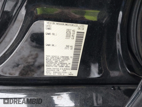 2016 Nissan Altima SR with VIN 1N4AL3AP2GC214902, listed as a IAAI auction lot 41259992 with 168,905 mi miles and . Bid and sale history available at carsss.com. Image 9.