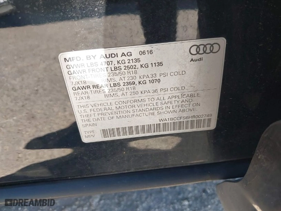 2017 Audi Q3 Premium with VIN WA1BCCFS6HR002749, listed as a IAAI auction lot 41776420 with 90,664 mi miles. Bid and sale history available at carsss.com. Image 9.