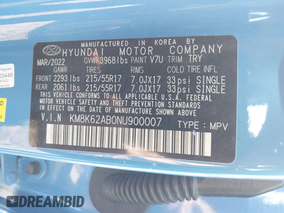 2022 Hyundai Kona SEL with VIN KM8K62AB0NU900007, listed as a IAAI auction lot 41700653 with 31,463 mi miles and . Bid and sale history available at carsss.com. Image 9.