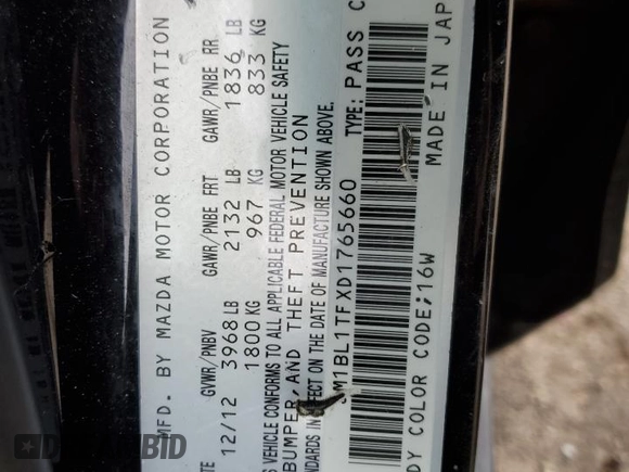 2013 Mazda 3 i SV with VIN JM1BL1TFXD1765660, listed as a Copart auction lot 51045195 with 161,749 mi miles and Salvage Title. Bid and sale history available at DreamBid. Image 12.