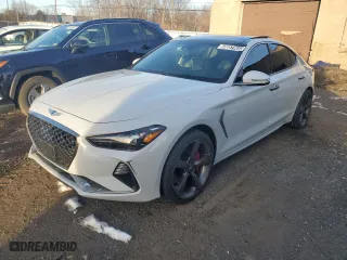 2020 Genesis G70 3.3T with VIN KMTG34LE6LU050923, listed as a Copart auction lot 43657965 with 98,765 mi miles and Clean Title. Bid and sale history available at carsss.com. Image 1.
