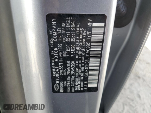 2020 Hyundai Palisade SEL with VIN KM8R4DHE4LU150995, listed as a Copart auction lot 53792915 with 44,181 mi miles and Salvage title. Bid and sale history available at DreamBid. Image 13.