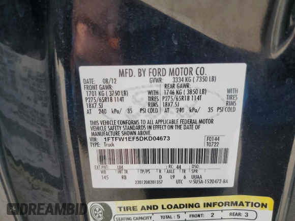 2013 Ford F-150 XL with VIN 1FTFW1EF5DKD04673, listed as a Copart auction lot 60316705 with 308,347 mi miles and Salvage title. Bid and sale history available at DreamBid. Image 12.
