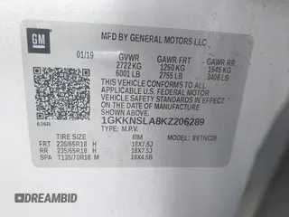 2019 GMC Acadia SLE with VIN 1GKKNSLA8KZ206289, listed as a IAAI auction lot 41617786 with 136,097 mi miles and . Bid and sale history available at DreamBid. Image 9.