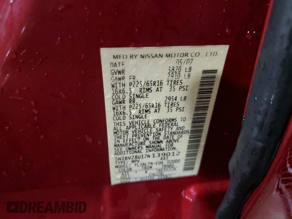 2007 Nissan Quest S with VIN 5N1BV28U17N139012, listed as a Copart auction lot 75817914 with 162,352 mi miles and Salvage Title. Bid and sale history available at carsss.com. Image 13.