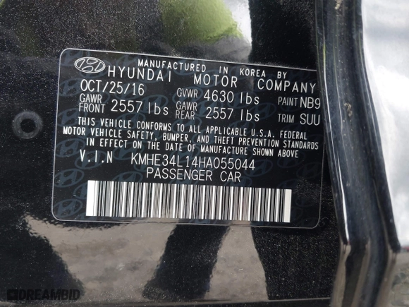 2017 Hyundai Sonata Hybrid Limited with VIN KMHE34L14HA055044, listed as a IAAI auction lot 42021191 with 286,825 mi miles. Bid and sale history available at carsss.com. Image 9.