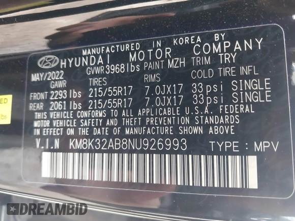 2022 Hyundai Kona SEL with VIN KM8K32AB8NU926993, listed as a IAAI auction lot 41705741 with 34,600 mi miles. Bid and sale history available at carsss.com. Image 9.