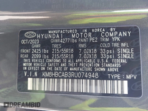 2024 Hyundai Kona SEL with VIN KM8HBCAB3RU074948, listed as a IAAI auction lot 41822290 with 8,788 mi miles. Bid and sale history available at carsss.com. Image 9.