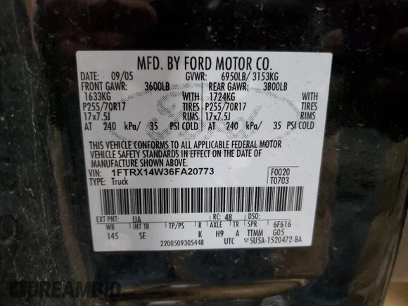 2006 Ford F-150 STX with VIN 1FTRX14W36FA20773, listed as a Copart auction lot 56511095 with 180,738 mi miles and Salvage title. Bid and sale history available at DreamBid. Image 12.