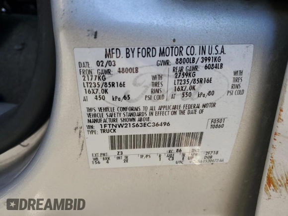 2003 Ford F-250 XL with VIN 1FTNW21S63EC36496, listed as a Copart auction lot 88551695 with 256,668 mi miles and Salvage title. Bid and sale history available at DreamBid. Image 14.