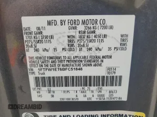 2011 Ford F-150 XLT with VIN 1FTFW1ET6BFC51848, listed as a Copart auction lot 66227495 with 116,053 mi miles and Clean title. Bid and sale history available at DreamBid. Image 12.