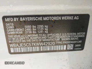 2019 BMW 5 Series 540i with VIN WBAJE5C57KWW42920, listed as a IAAI auction lot 42465733 with 37,844 mi miles and . Bid and sale history available at DreamBid. Image 9.