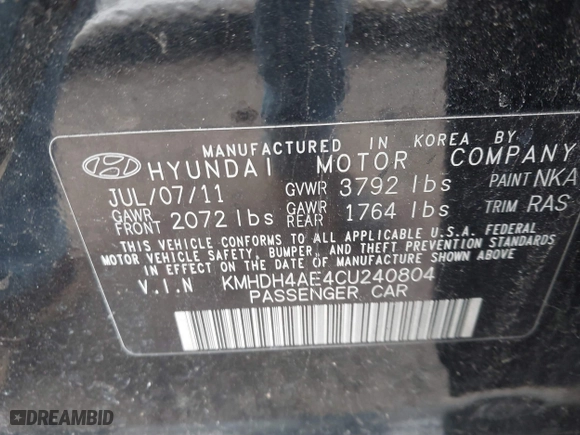 2012 Hyundai Elantra GLS with VIN KMHDH4AE4CU240804, listed as a IAAI auction lot 41887622 with 147,738 mi miles. Bid and sale history available at carsss.com. Image 9.