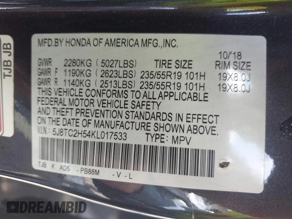 2019 Acura RDX Technology с VIN 5J8TC2H54KL017533, выставлен на аукционе IAAI как лот 42169803 с пробегом 93 547 миль миль и . История ставок и продаж доступна на DreamBid. Изображение 9.