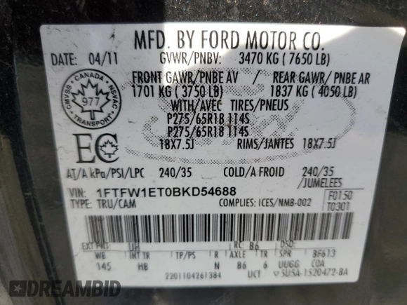 2011 Ford F-150 XLT with VIN 1FTFW1ET0BKD54688, listed as a Copart auction lot 47116555 with 294,162 mi miles and Salvage Title. Bid and sale history available at carsss.com. Image 13.