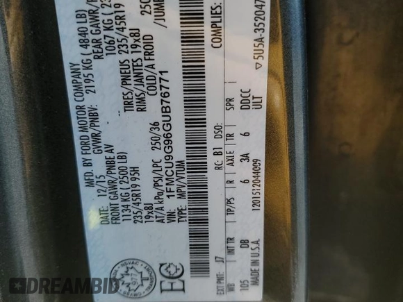 2016 Ford Escape SE z VIN 1FMCU9G96GUB76771, wystawiony jako Copart lot #59188375 z przebiegiem 167 300 mil mil oraz Szkoda całkowita • Salvage title. Historia ofert i sprzedaży dostępna na DreamBid. Obrazek 14.